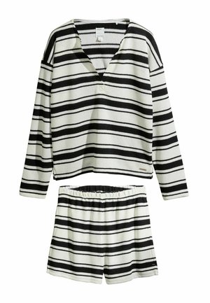 Czarnobiały, poziomo paskowany top z długim rękawem z dekoltem w serek, zestawiony z szortami z elastyczną talią w pasujące paski.