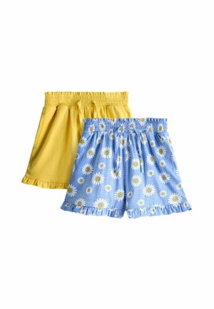 Két pár elasztikus derékú rövidnadrág, az egyik egyszínű sárga, a másik kék fehér és sárga margaréta mintával, mindkettő fodros szegéllyel.
