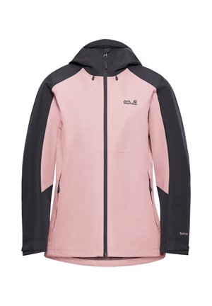 Lichtroze waterdichte jas met zwarte accenten, voorzien van een volledige ritssluiting, capuchon, zijzakken en een logo op de borst. Glad oppervlak, lichtgewicht stof.