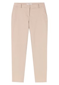 Beżowe spodnie o prostych nogawkach wykonane z mieszanki bawełny, z przednimi kieszeniami, pojedynczym zapięciem na guzik oraz szlufkami na pasek. Gładka faktura.