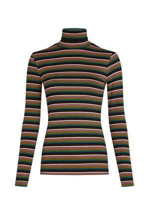 Long-sleeve turtleneck top featuring a ribbed texture, horizontal stripes in black, green, pink, yellow, and purple colors.
