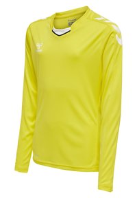 Langshirt gele doelmanstrui van gladde stof, met een v-hals ontwerp, zwarte accenten en witte logo-details op de schouders.
