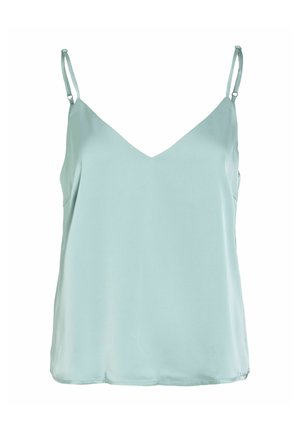 Hellblaue ärmellose Camisole mit verstellbaren dünnen Trägern und V-Ausschnitt aus glattem, fließendem Stoff.