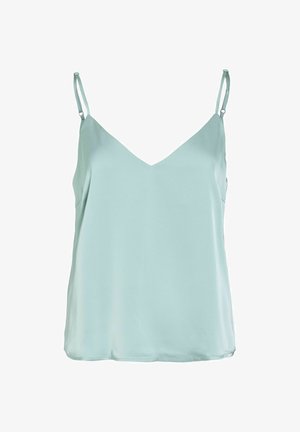 Hellblaue ärmellose Camisole mit verstellbaren dünnen Trägern und V-Ausschnitt aus glattem, fließendem Stoff.