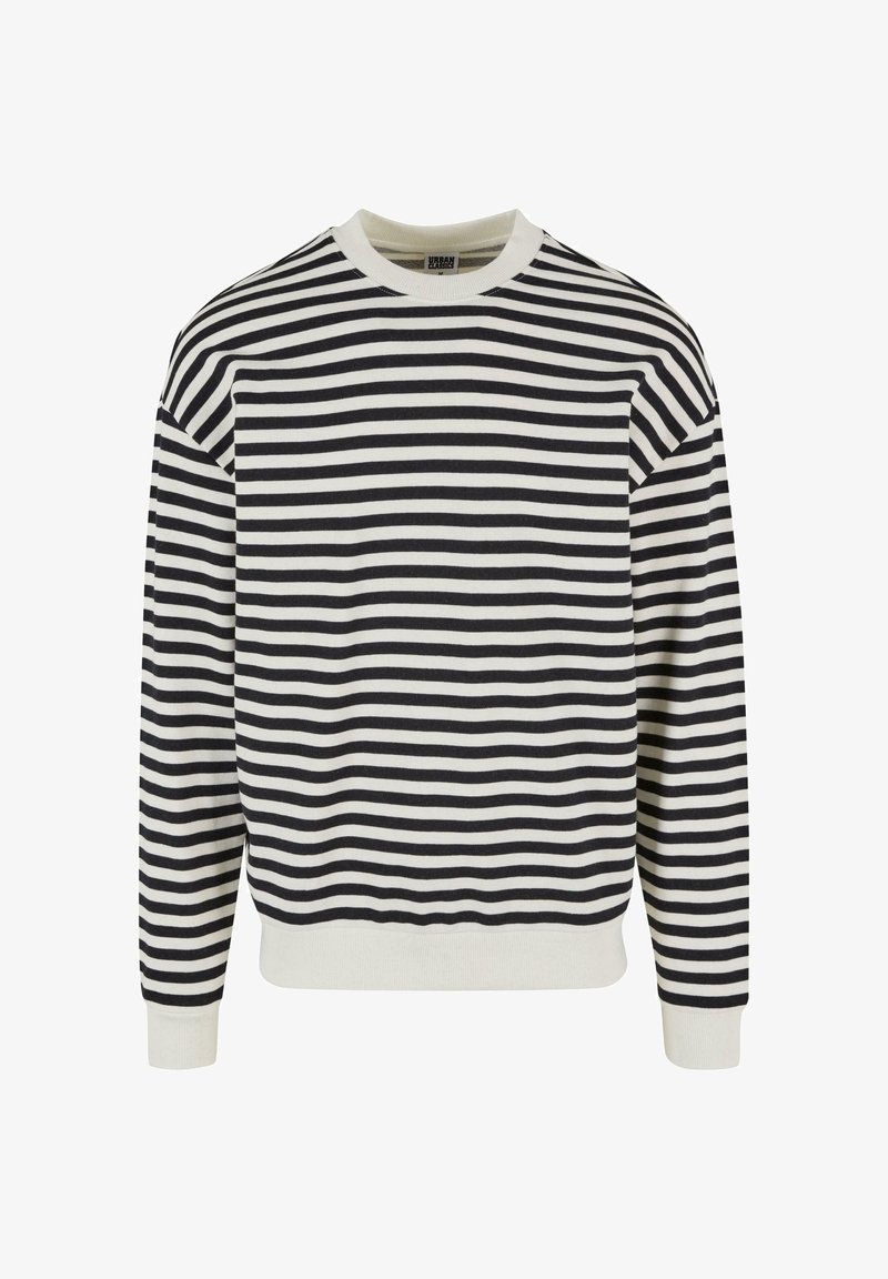 Pruhovaná mikina v námořnické modři a krémové barvě, s dlouhými rukávy, kulatým výstřihem a žebrovanými manžetami a lemem. Vyrobena z měkké bavlněné látky.