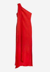 Rotes Satin-Ein-Schulter-Kleid mit fließender Silhouette, das mit einem drapierten Detail und einer glatten Textur versehen ist. Maximiert Eleganz und Bewegung.