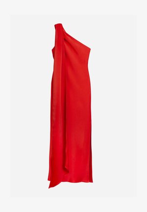 Rotes Satin-Ein-Schulter-Kleid mit fließender Silhouette, das mit einem drapierten Detail und einer glatten Textur versehen ist. Maximiert Eleganz und Bewegung.