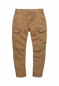 Beige Cargo-Hosen mit geradem Schnitt, die mehrere Taschen, einen Reißverschluss und Gürtelschlaufen aufweisen. Hergestellt aus strapazierfähigem Stoff mit glatter Textur.