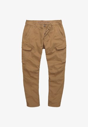 Tan cargopantalon met een rechte snit, voorzien van meerdere zakken, een ritssluiting en lussen voor een riem. Gemaakt van duurzame stof met een zachte textuur.
