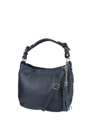 Donkerblauwe leren handtas met verstelbare schouderriem, bovenhandvat, zilveren gesp, ritssluiting en decoratieve tasselbedel.