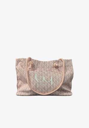Borsa tote in tessuto rosa chiaro con motivo geometrico ripetuto, due manici di corda annodati e un grande logo stilizzato "byblos" sul davanti.