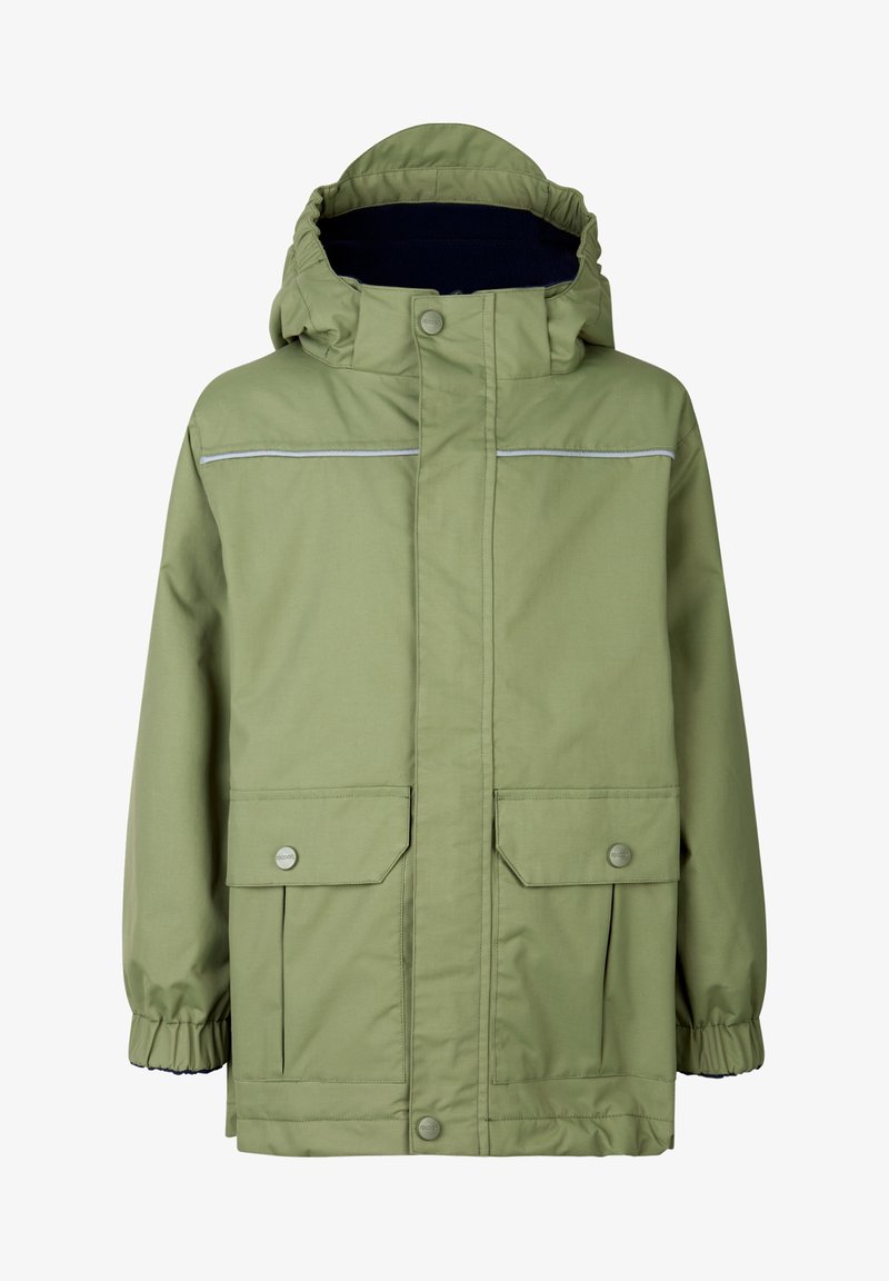 Grüne, isolierte Jacke mit Kapuze, vorderer Knopfleiste, zwei großen Klappentaschen und reflektierendem Akzentstreifen entlang der Brust.