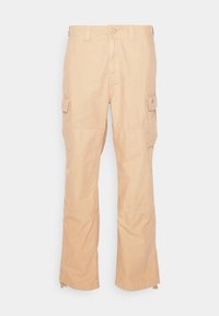 Beige cargo pants with a straight cut, made of lightweight cotton. Features two side pockets, a button closure, and a cuffed hem.