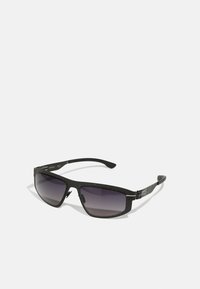 Black sunglasses with a textured frame, grey gradient lenses, and silver accents on the temples, featuring a sporty rectangular design.