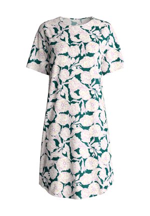 Short-sleeve dress with green background and large cream-colored floral pattern, featuring a round neckline and knee-length hem.