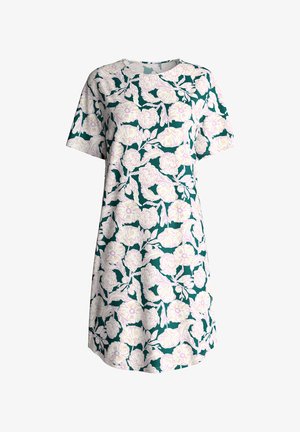 Short-sleeve dress with green background and large cream-colored floral pattern, featuring a round neckline and knee-length hem.