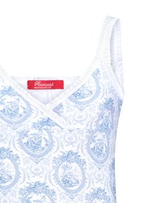White fabric top with blue ornate floral pattern, v-neckline, lace trim; tag displayed with red text "Hanssoph UNDERWEARSHOP."