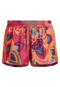 Los pantalones cortos multicolores presentan un vibrante patrón floral con tonos de rojo, naranja, turquesa y púrpura; cinturilla elástica; tela ligera.