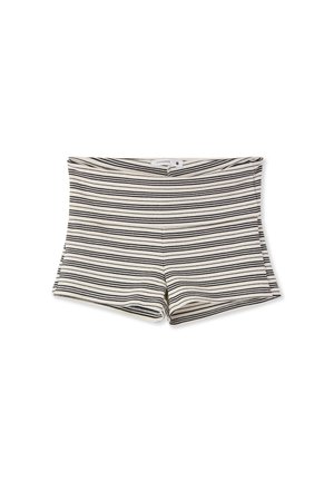 Pantaloncini in tessuto a costine a righe orizzontali bianche e nere con una piccola etichetta all'interno della vita, taglia piccola.