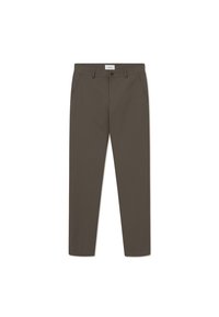 Sötét olajzöld chino stílusú nadrág, sima anyagból, egyenes szabású, elülső zsebekkel és gombos záródással.