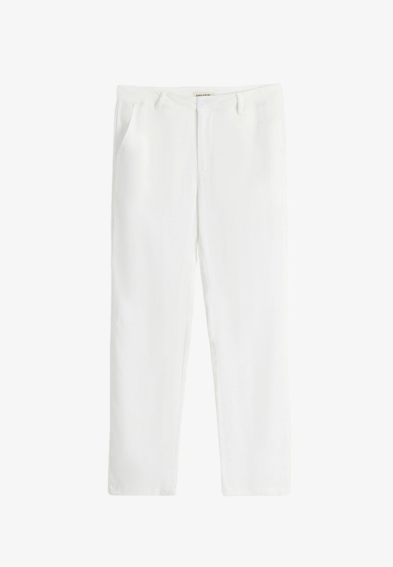 Pantalons en coton mélangé blanc avec une coupe droite, poches latérales, fermeture à bouton et passants de ceinture. Texture lisse avec une sensation légère.