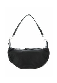 Sac à main en cuir noir avec une forme courbée, une seule bandoulière ajustable et une fermeture zippée sur le dessus. Fini texturé avec des accents en métal argenté.