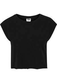 T-shirt noir court en tissu doux. Il présente un col rond et des manches courtes. Design simple sans motifs ni accents.