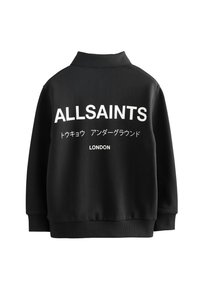 Čierna mikina so bielym textom na chrbte, ktorý obsahuje "ALLSAINTS" a "LONDÝN", s golierom a rebrovaným lemom. Mäkký, textúrovaný materiál.
