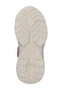 Shoe sole with a textured rubber surface, featuring a light beige color. The tread pattern includes various shapes for enhanced grip.