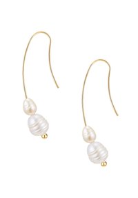 Gold-tone hook earrings featuring two textured white pearls, one smooth and one ribbed, with a small gold accent at the bottom.