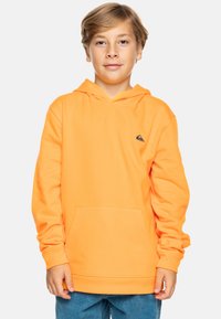 Sudadera naranja con un bolsillo de canguro y mangas largas. Presenta un pequeño logo en azul en la zona del pecho izquierdo. Textura de tela suave.