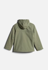 Giacca verde oliva con cappuccio, presenta un bordo elasticizzato, maniche lunghe e una texture del tessuto liscia. Design semplice senza abbellimenti.