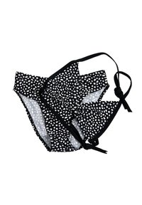 Czarny bikini w białe kropki, z marszczonym stanikiem i regulowanymi sznureczkami. Materiał wydaje się gładki z kontrastowym białym wykończeniem.