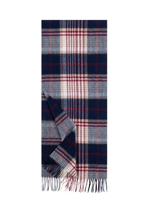 Wool scarf with navy, gray, beige, and red plaid pattern, featuring fringed edges and a folded corner.