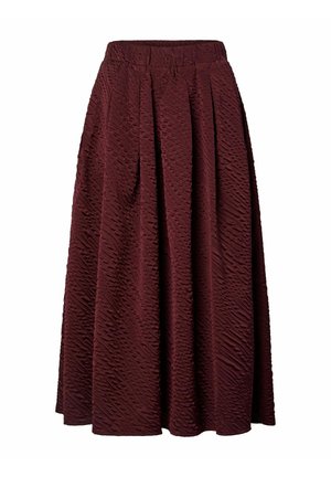 Mørkerød, teksturert midi-skjørt med folder og en figursydd midjebånd, flytende A-linje silhuett.