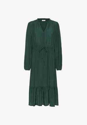 Roheline, pikasleevega kleit pehmest kangast, V-kaelusega, elastse vöökohaga sidumisrihmaga ja lehvivate volangidega hemiga.