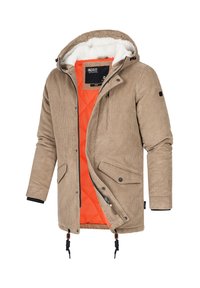 Beige Cordjacke aus Cord mit orangefarbenem, gestepptem Innenfutter, Kapuze, Reißverschluss und zwei Fronttaschen. Verstellbare Kordelstopper am Saum sorgen für Funktionalität.