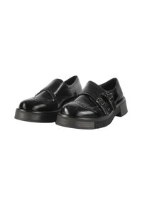 Scarpe in vernice nera con punta rotonda, due fibbie regolabili, cuciture decorative e suola in gomma testurizzata.
