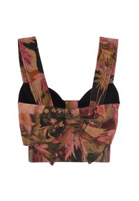 Blomstermønstret crop top med brede stropper, der har en sort bund og struktureret stof. Sløjfedetalje foran, der viser nuancer af pink, grøn og brun.