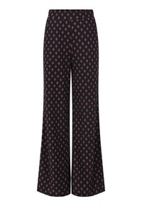 Zwarte wijde broek van stof met een roze patroon. De taille is elastisch voor extra comfort.