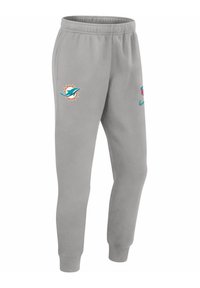 Grå sweatpants med elastisk midja, avsmalnande ben, Miami Dolphins-logotyp, NFL-emblem och Nike-swoosh i turkos och orange brodyr.