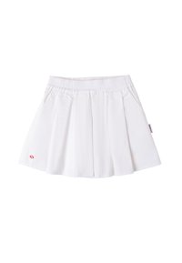 Witte geplooide rok met een elastische tailleband. Met een klein rood logo-accent aan de onderzijde links. Glad stoftextuur.