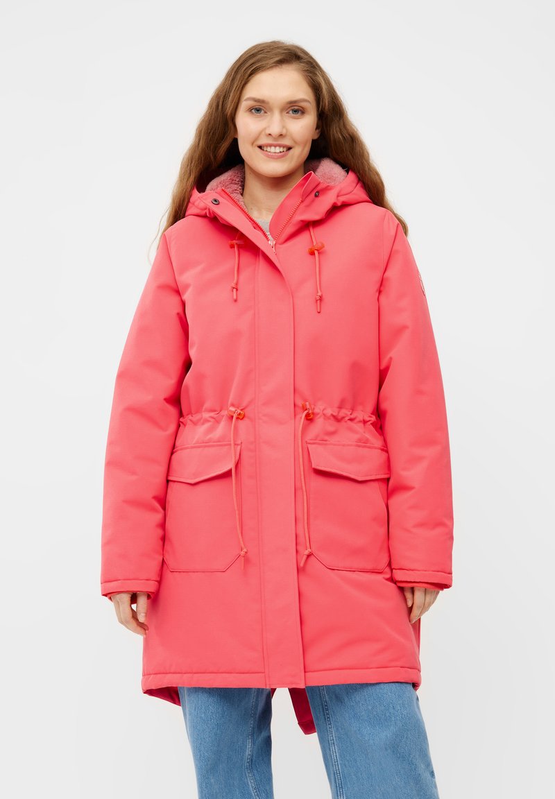 Roze parka met een fleece-gevoerde capuchon, een trekkoord in de taille en twee voork pockets. Voorzien van een ritsluiting en ribbels bij de mouwen. Gemaakt van een katoenmix.