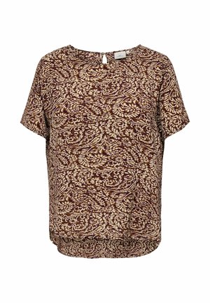 Blouse met korte mouwen met bruin en beige abstract bloemenpatroon, ronde hals en keyhole knoopsluiting aan de achterkant.