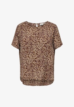 Blouse met korte mouwen met bruin en beige abstract bloemenpatroon, ronde hals en keyhole knoopsluiting aan de achterkant.