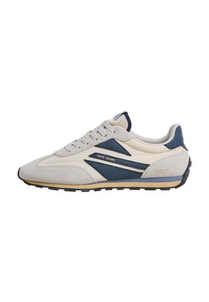 Sneakers basse casual beige con dettagli blu navy, lacci e dettaglio marchiato "Pepe Jeans" sul lato e sul tallone.