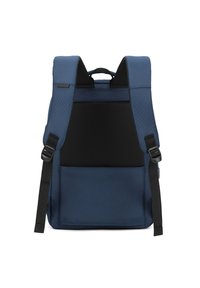 Zaino blu navy con schienale imbottito e dettagli in rete; presenta spallacci regolabili e una tasca anteriore per lo stoccaggio. Materiale resistente.