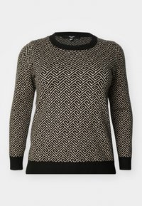 Pull noir et beige à motifs avec des manches longues, un col rond et des bords côtelés aux poignets et à l'ourlet. Présente un design géométrique sur le devant.