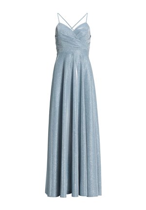 Robe longue scintillante bleu clair avec un corsage croisé, des bretelles spaghetti réglables et une jupe fluide. Texture lisse avec une finition brillante.