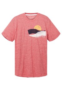 Rotes Baumwoll-T-Shirt mit horizontalen Streifen. Mit einem Grafikdesign von Sonne und Wellen in Marineblau und Weiß. Rundhalsausschnitt und kurze Ärmel.